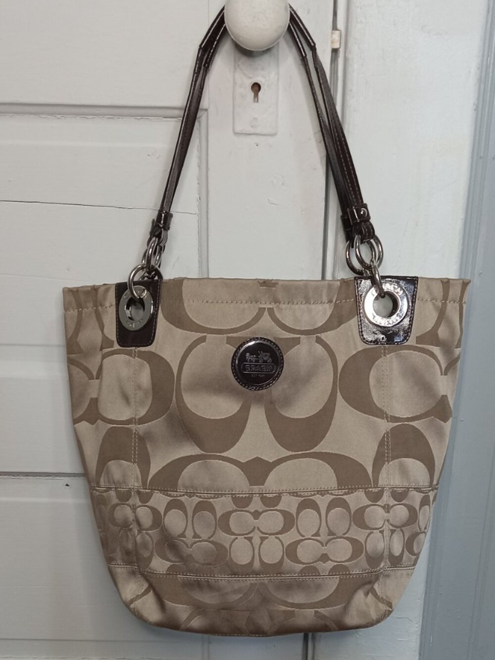 Coach Alex Signature Sateen Patent Leather Tote Shoulder Bag